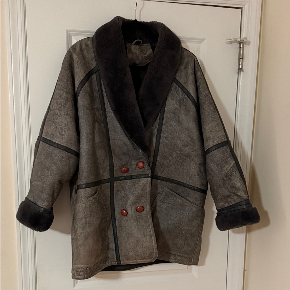 Genuine shearling blue boho grey jacket sz XL extra large